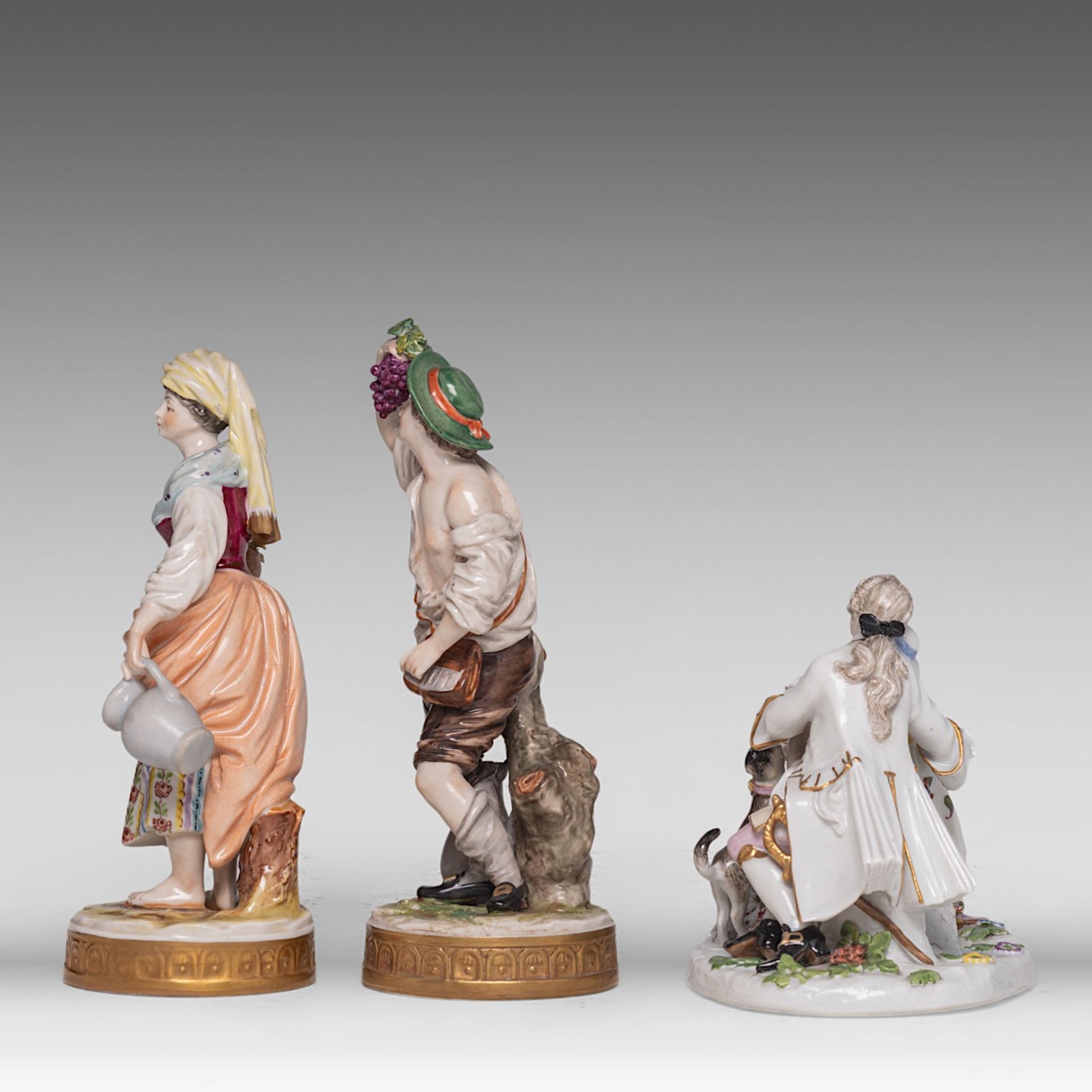 A collection of polychrome decorated Saxon porcelain figurines and a candelabra, H 51,5 cm (tallest) - Image 7 of 13