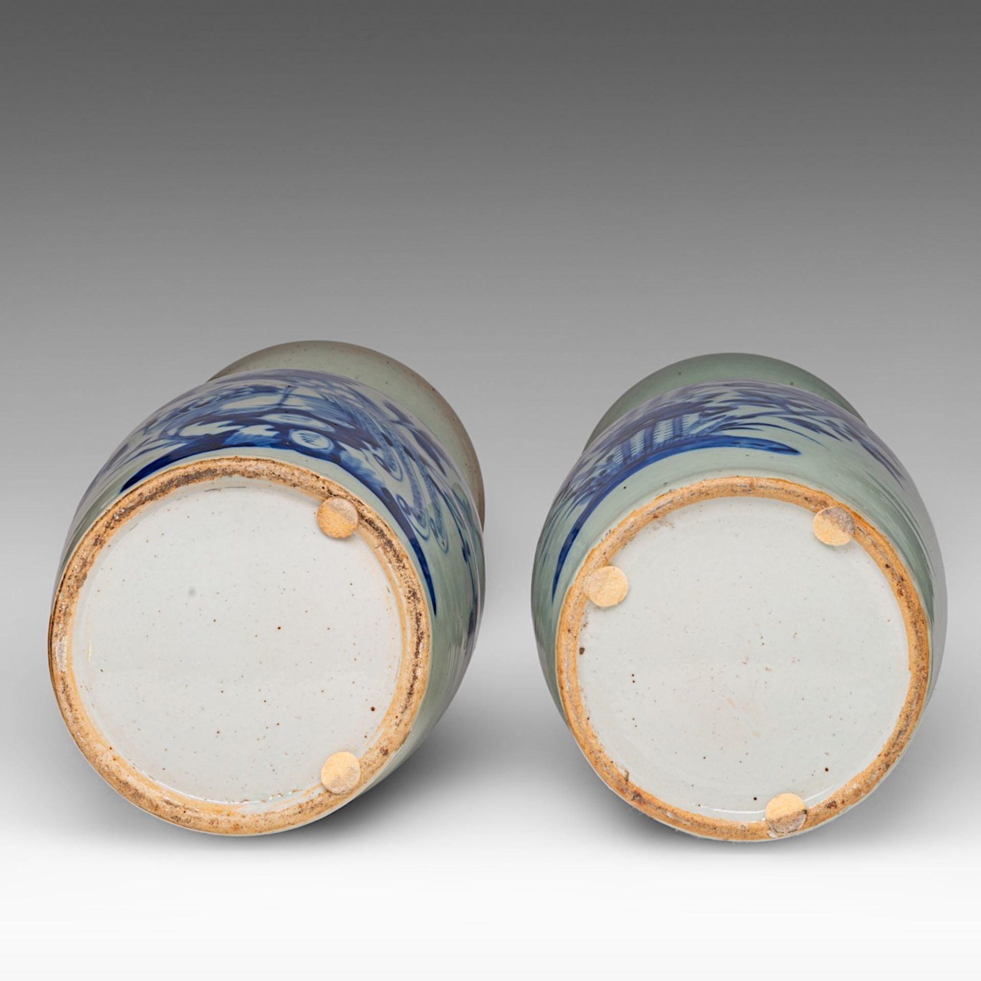 Four Chinese blue and white on celadon ground 'Flowers and birds' vases, late 19thC, H 57 - 58 cm - Image 13 of 13