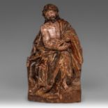 A polychrome and gilt walnut sculpture of Christ on the cold stone, 16thC, H 28 cm