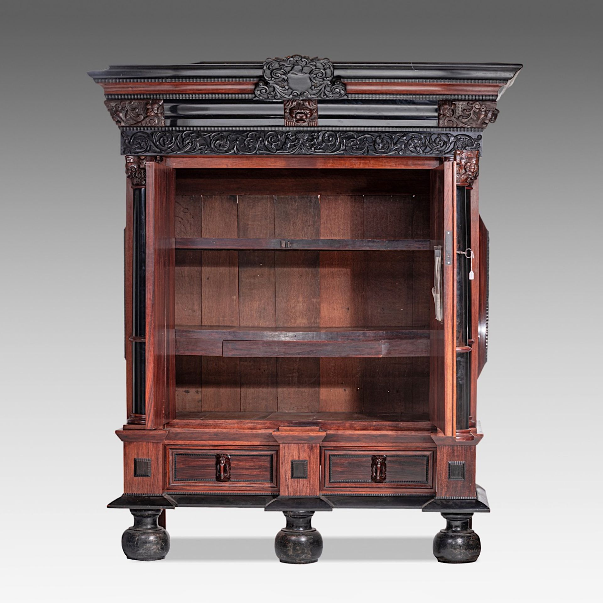 A large Baroque style rosewood and ebony cupboard, H 235 - W 200 - D 85 cm - Bild 6 aus 6