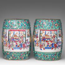 Two Chinese famille rose on turquoise ground 'Beauties on a terrace' garden seats, 20thC, H 48 cm