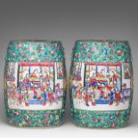 Two Chinese famille rose on turquoise ground 'Beauties on a terrace' garden seats, 20thC, H 48 cm