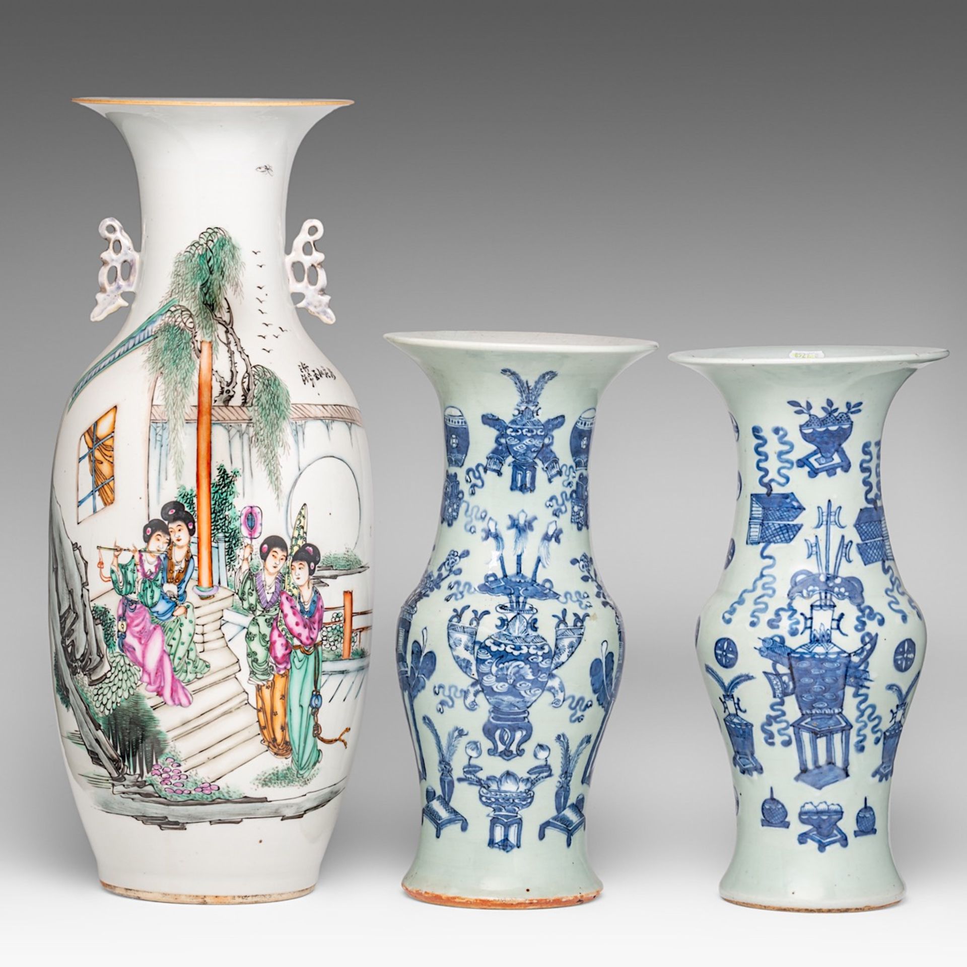 A Chinese famille rose vase, signed text, Republic period, H 57 cm - and a pair of celadon ground ye
