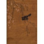 A Chinese scroll painting of a swallow on a prunus, ink and watercolour on silk, Zou Yigui, Qing dyn