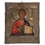 East-European Icon, Christ Pantokrator, tempera on wood and silverplated Reza, 19thC, 32 x 26 cm