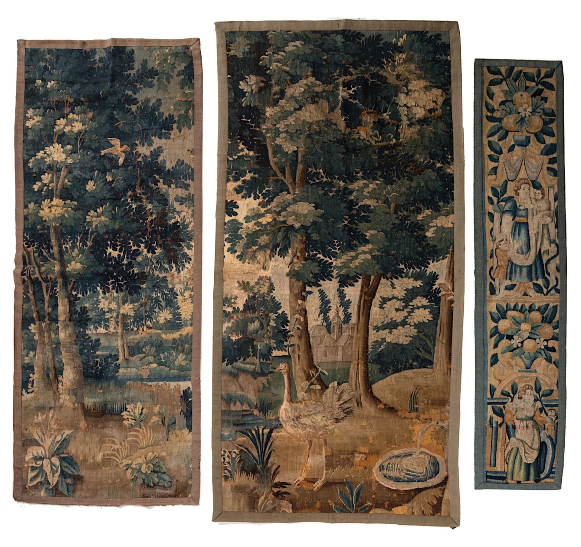 A collection of three fragments of Flemish wall tapestries, 16th/17thC