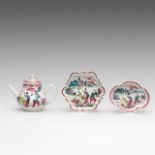 A set of Chinese famille rose 'Lady and Tiger' export porcelain teapot, pattipan and spoon tray, 18t