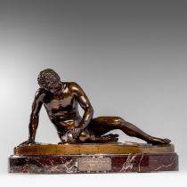 A brown patinated bronze sculpture of 'The Dying Gaul', 1871, presented on a marble base, H 22,5 - W