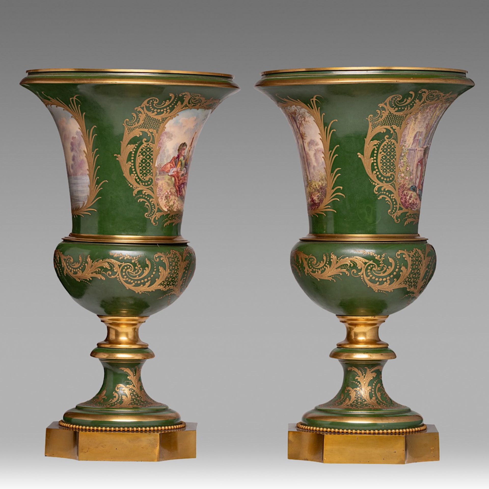 A pair of green ground Sevres type vases, decorated with hand-painted gallant scenes, H 56 cm - Bild 4 aus 6