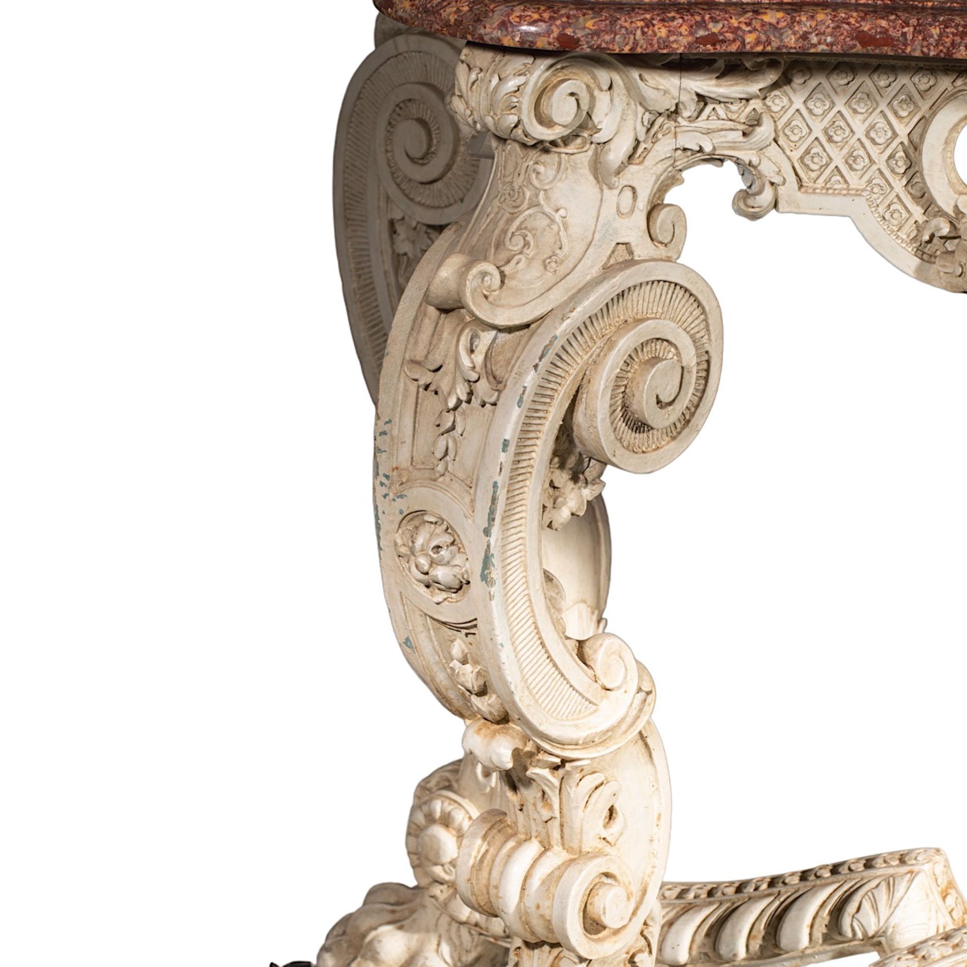 An imposing Louis XIV-style 'console de milieu' with a brocatelle marble, 19thC, H 81,5 - W 147 - D - Image 10 of 11