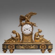 A Neoclassical gilt bronze and marble mantle clock after a model of Jean-Simon Bourdier from 1790, 1