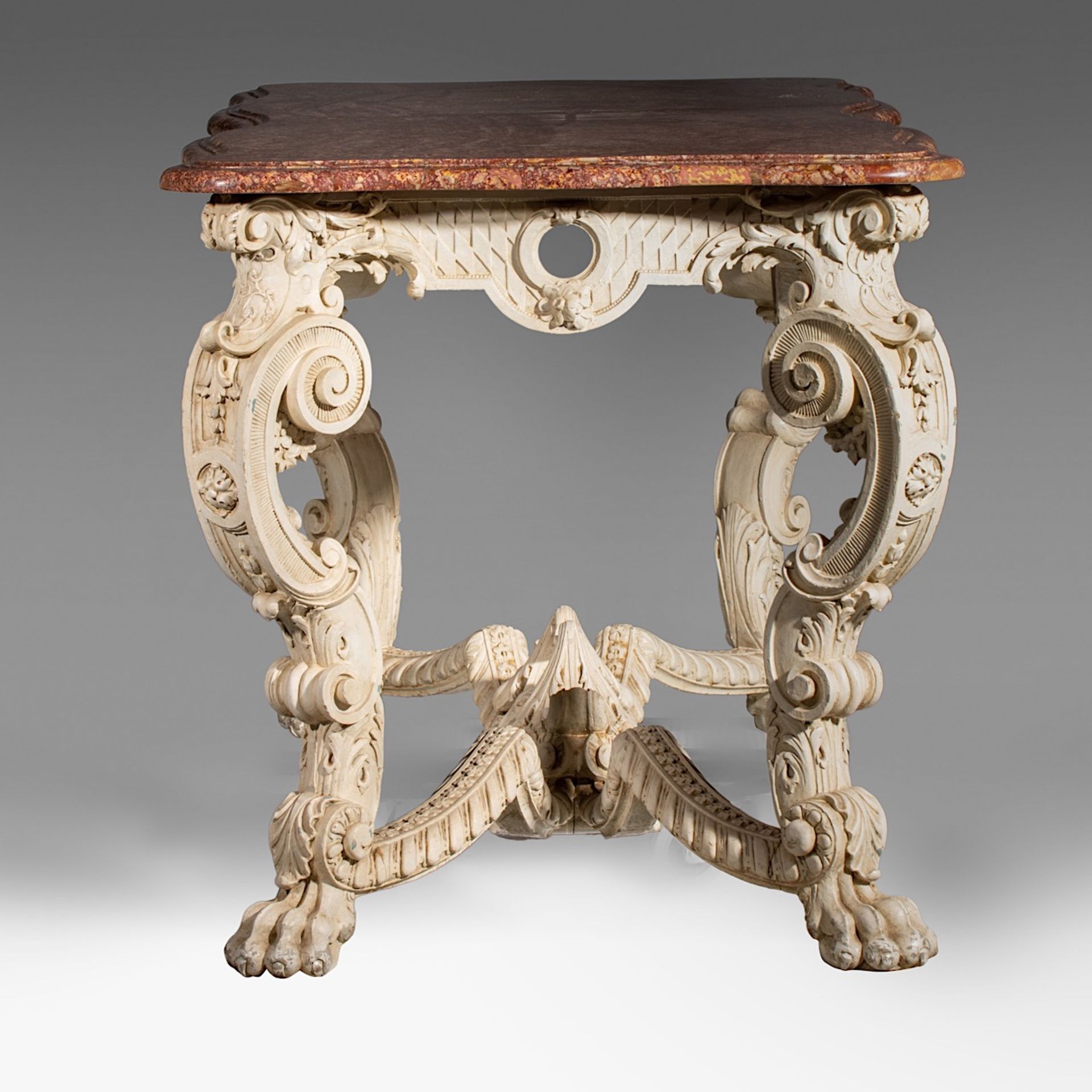 An imposing Louis XIV-style 'console de milieu' with a brocatelle marble, 19thC, H 81,5 - W 147 - D - Image 3 of 11