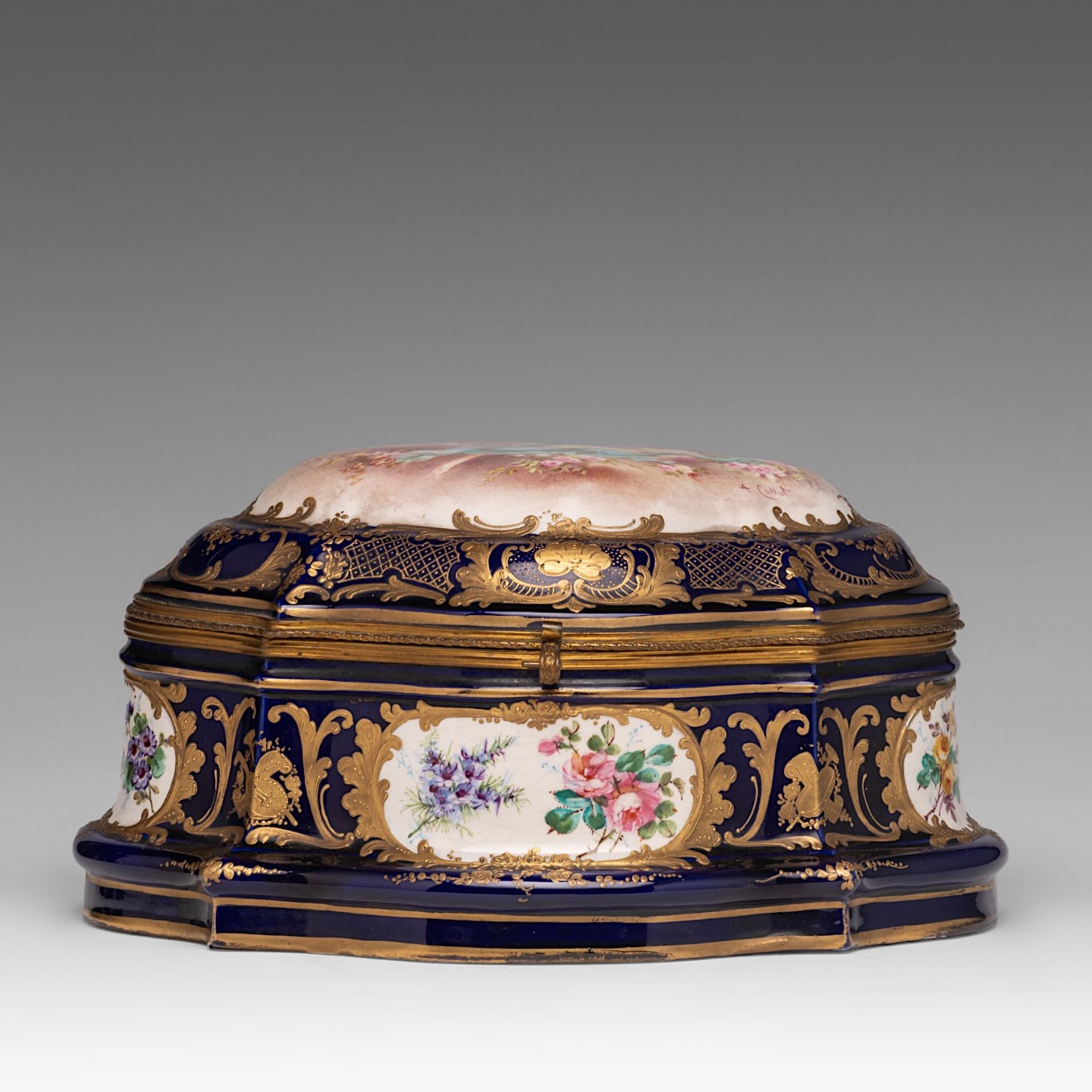 A fine bleu royale ground Sevres box with gilt decoration and hand-painted roundels, signed A. Collo - Image 2 of 12