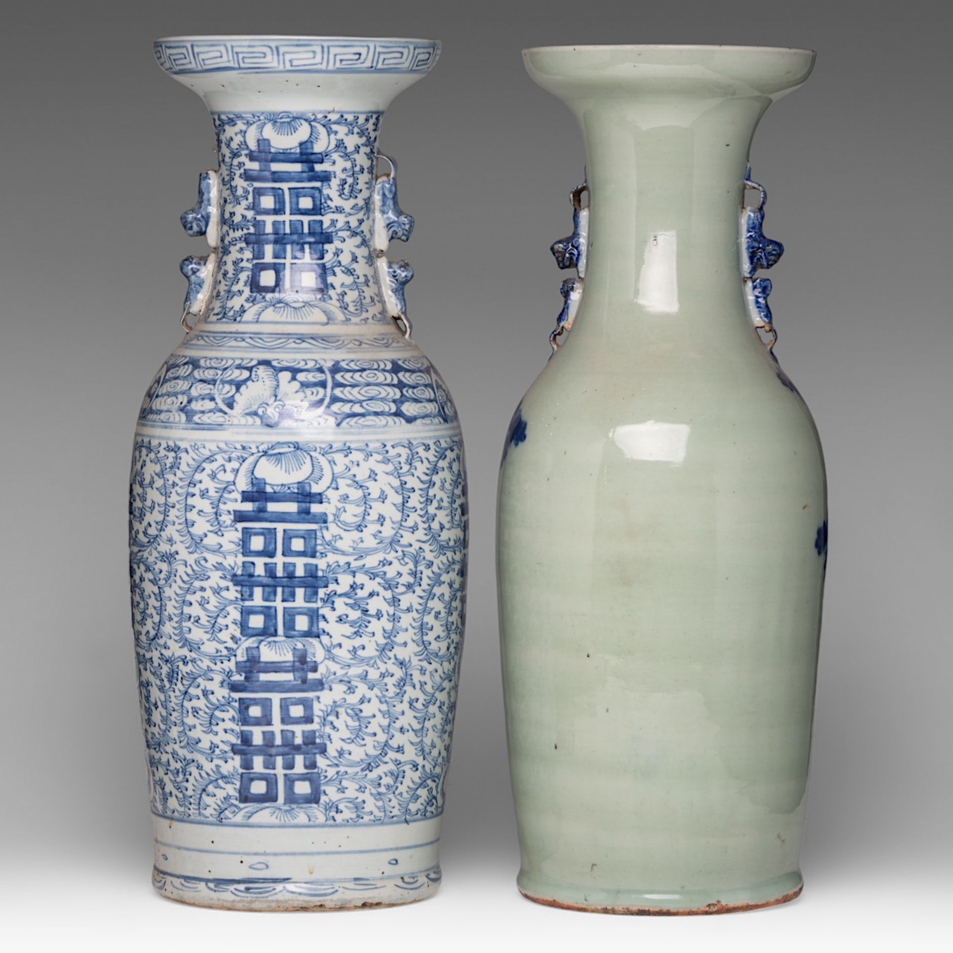 Four Chinese blue and white on celadon ground vases, including one decorated with figures, 19thC, H - Image 10 of 13