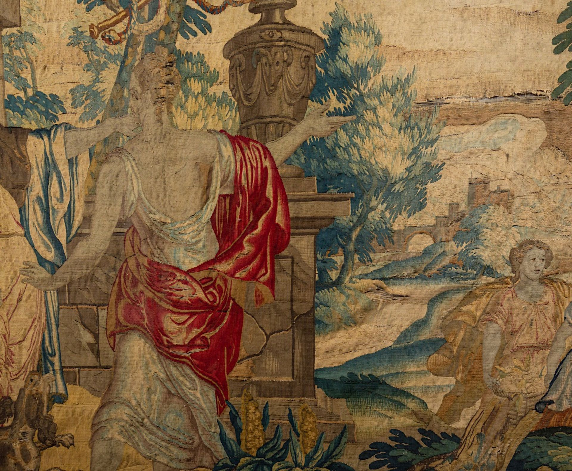 A 17th/18thC Flemish wall tapestry, 'The love of Mercury and Herse', H 239 - W 455 cm - Image 10 of 10
