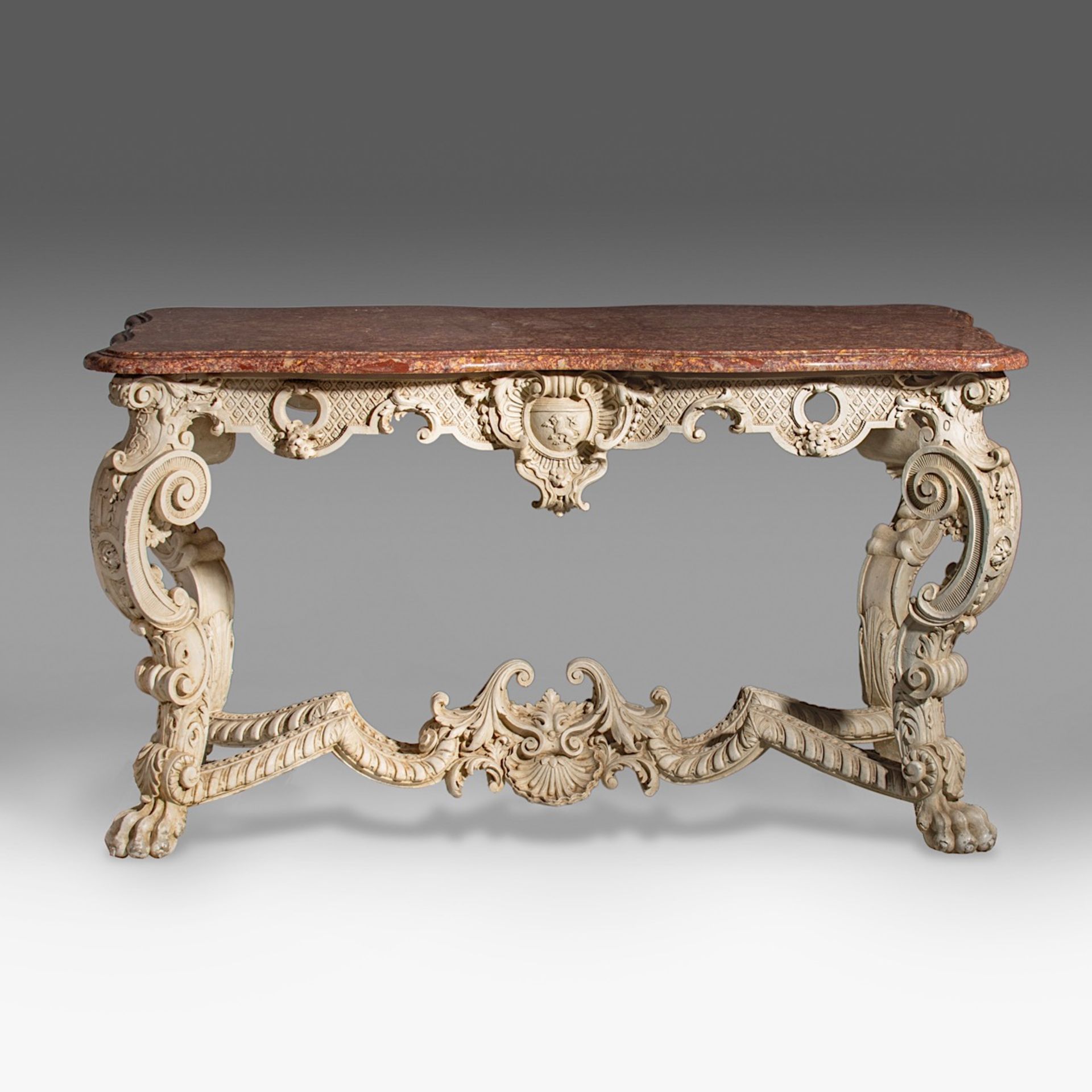 An imposing Louis XIV-style 'console de milieu' with a brocatelle marble, 19thC, H 81,5 - W 147 - D - Image 2 of 11