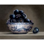 Ignace Bauwens, still life with blueberries in a Chinese bowl, oil on panel 80 x 100 cm. (31 1/2 x 3