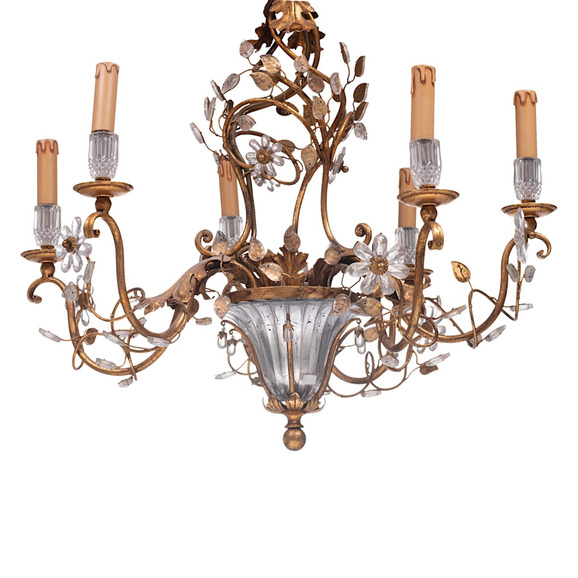 A gilt brass and cut-glass floral decorated chandelier, H 60 - dia 68 cm - Image 5 of 5