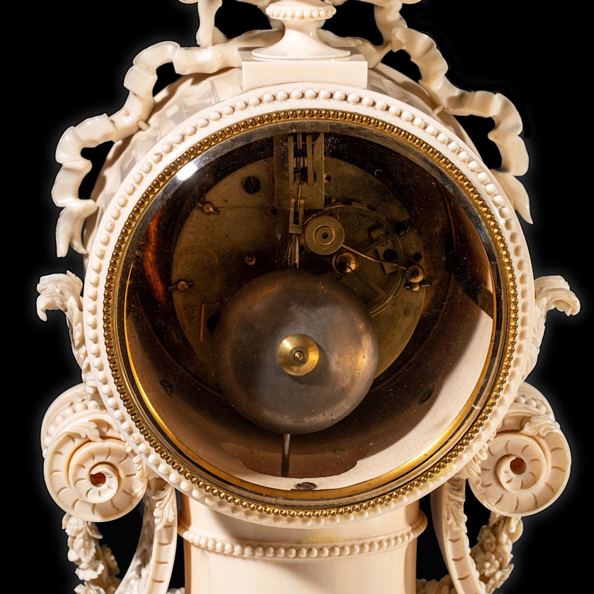 A delicately shaped and sculpted unique Nap. III period neoclassical ivory mantle clock, H 50 - W 37 - Image 7 of 14