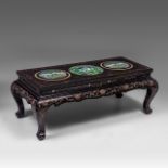 A Chinese black lacquered low table, set with cloisonne enamelled round plaques, Republic period, H