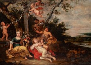 Bachus and Flora surrounded by angels in a landscape, Antwerp School, early 17thC, oil on oak 27 x 3