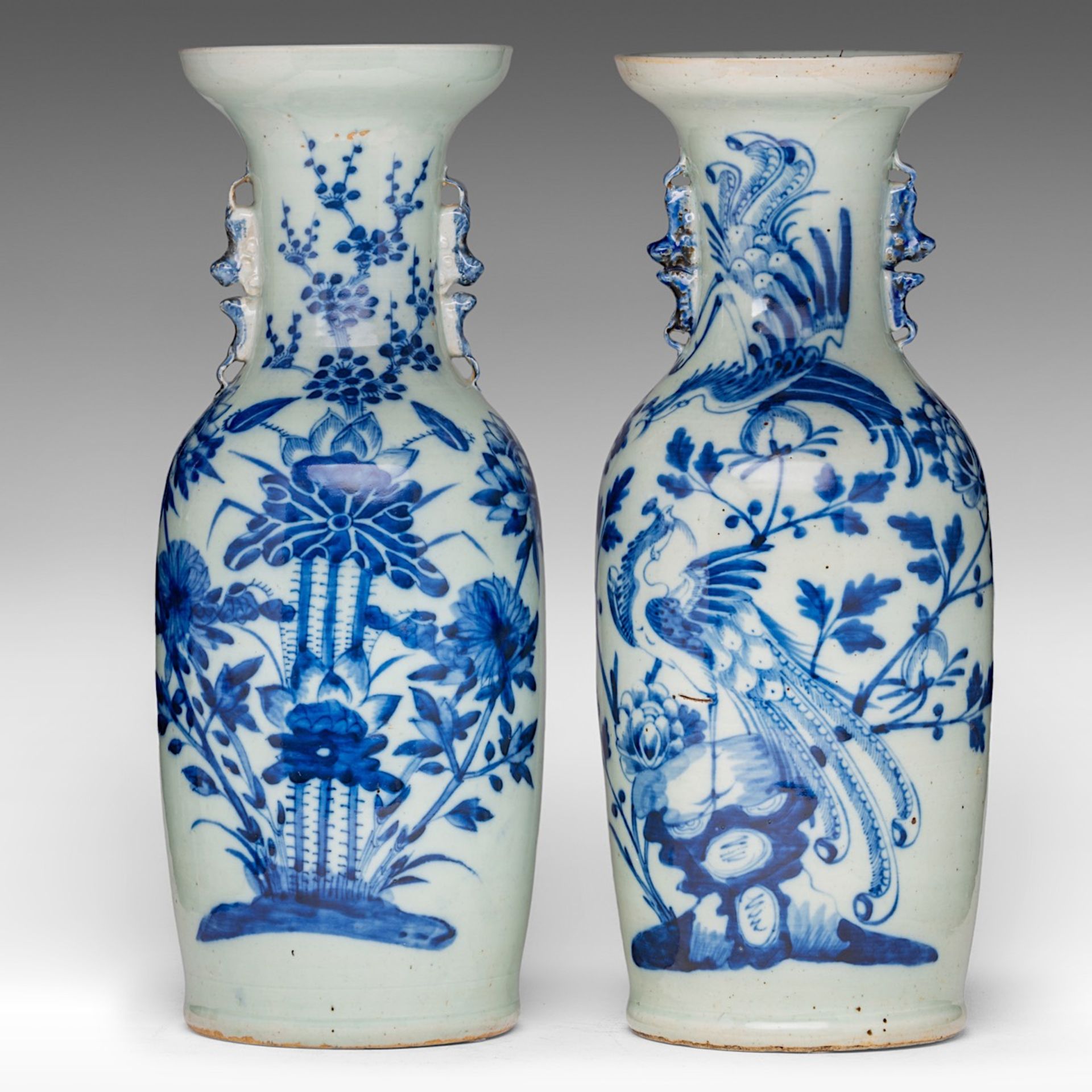 Four Chinese blue and white on celadon ground 'Flowers and birds' vases, late 19thC, H 57 - 58 cm - Image 2 of 13