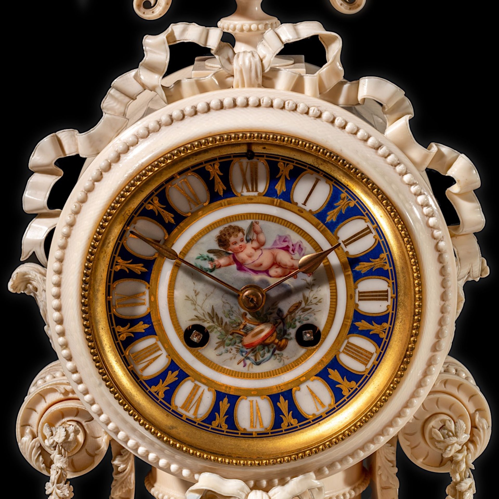A delicately shaped and sculpted unique Nap. III period neoclassical ivory mantle clock, H 50 - W 37 - Image 6 of 14