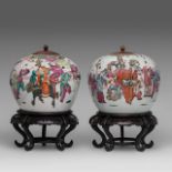 Two Chinese famille rose 'Playful boys' melon-shaped ginger jars, on nicely carved wooden bases, lat