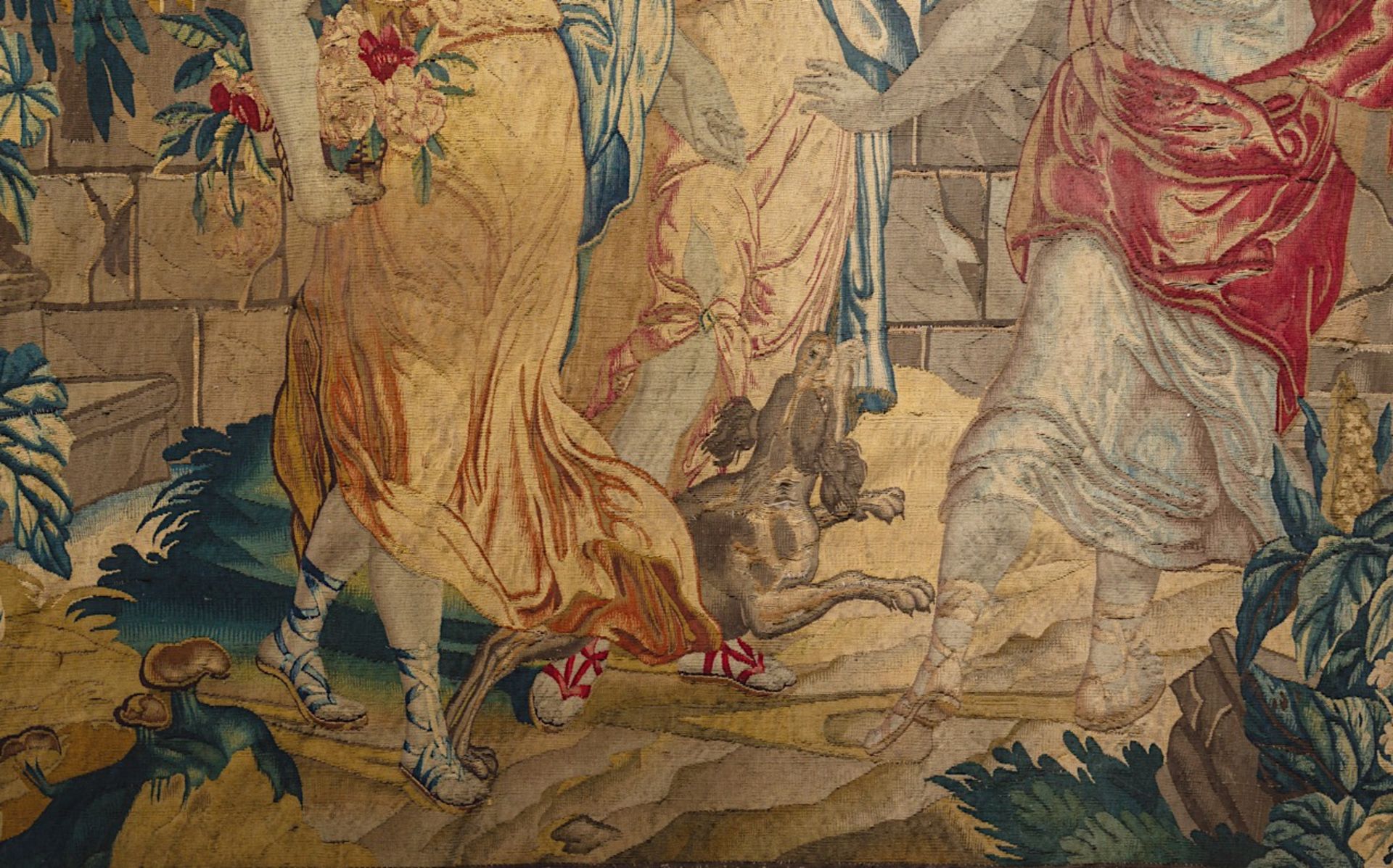 A 17th/18thC Flemish wall tapestry, 'The love of Mercury and Herse', H 239 - W 455 cm - Image 9 of 10