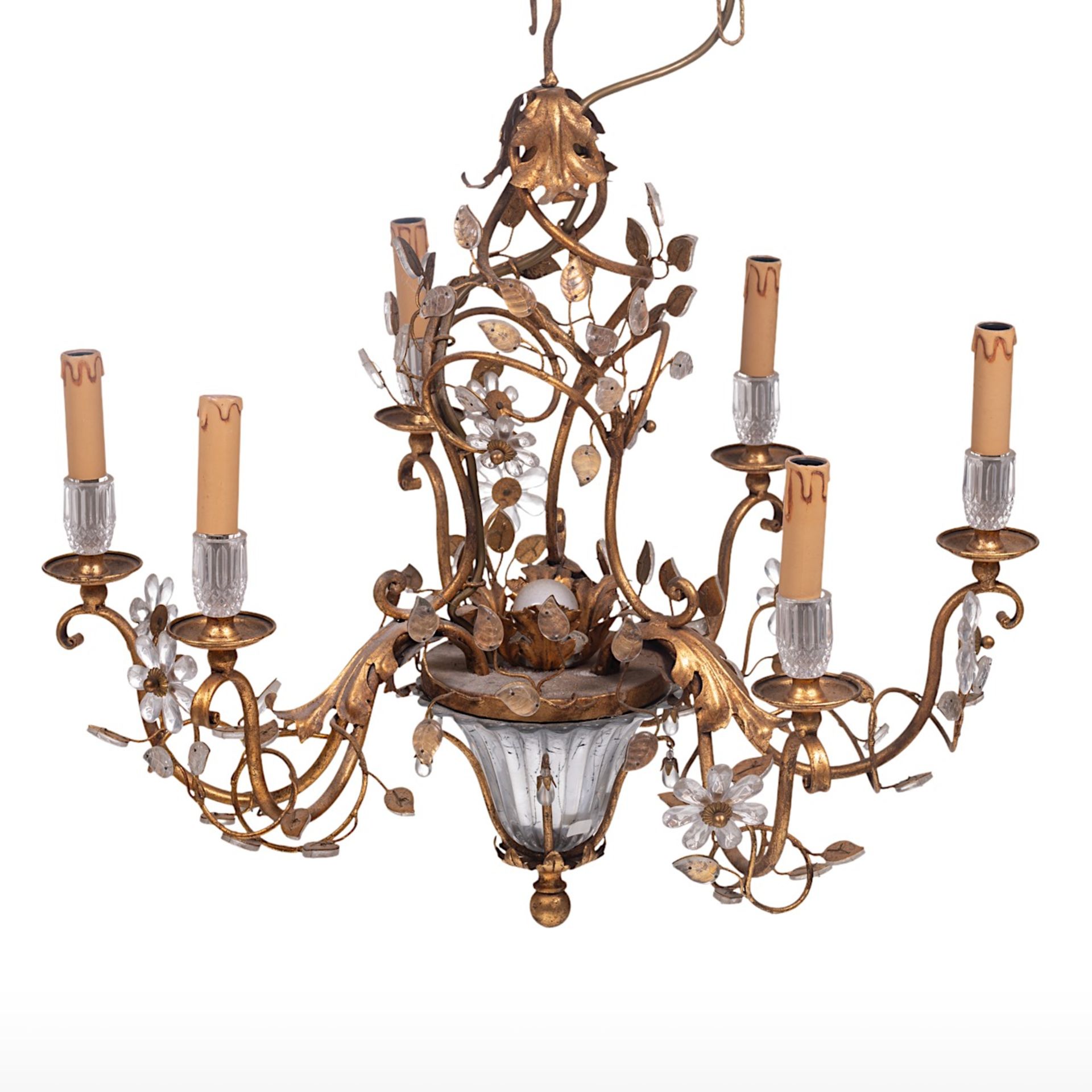 A gilt brass and cut-glass floral decorated chandelier, H 60 - dia 68 cm - Image 3 of 5