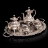 A Rococo revival silver five-part coffee and tea set, German hallmarks, 925/000, H 12 - 23,5 cm