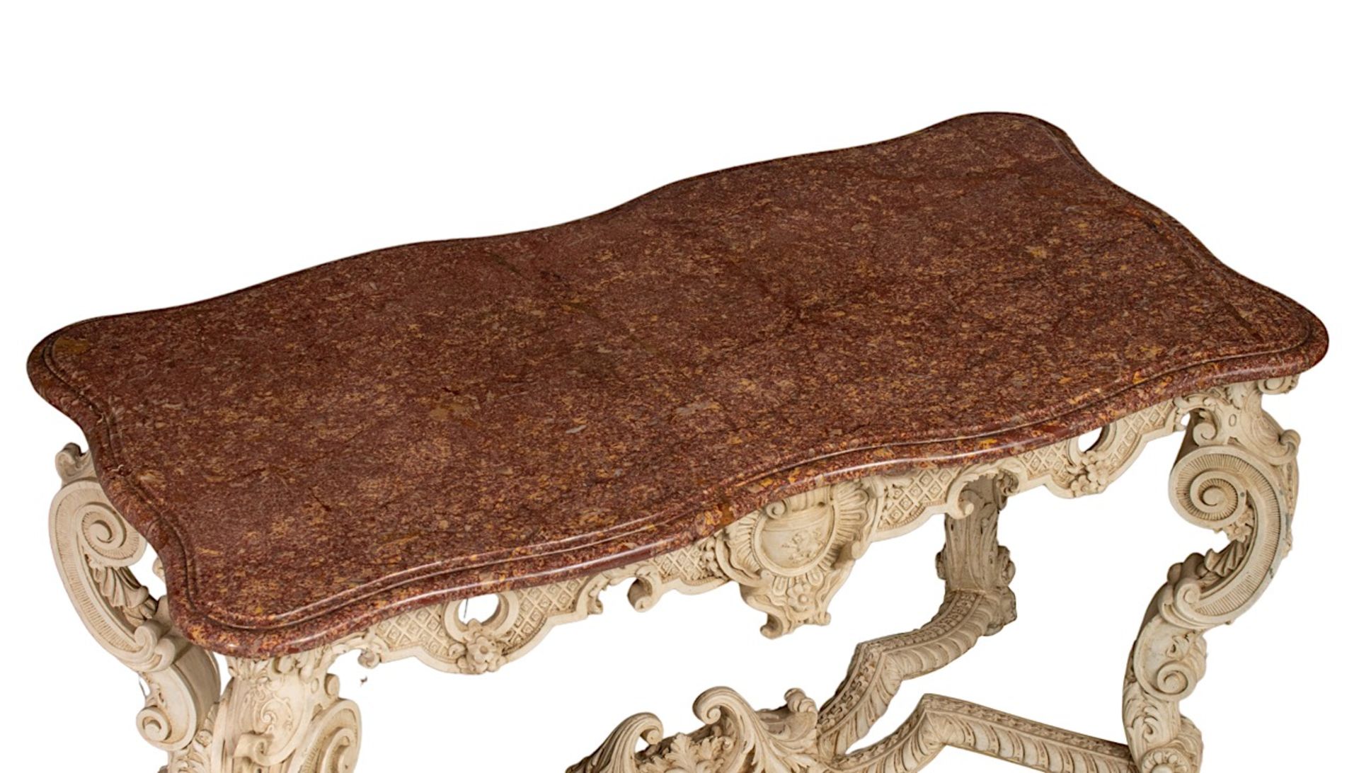 An imposing Louis XIV-style 'console de milieu' with a brocatelle marble, 19thC, H 81,5 - W 147 - D - Image 6 of 11