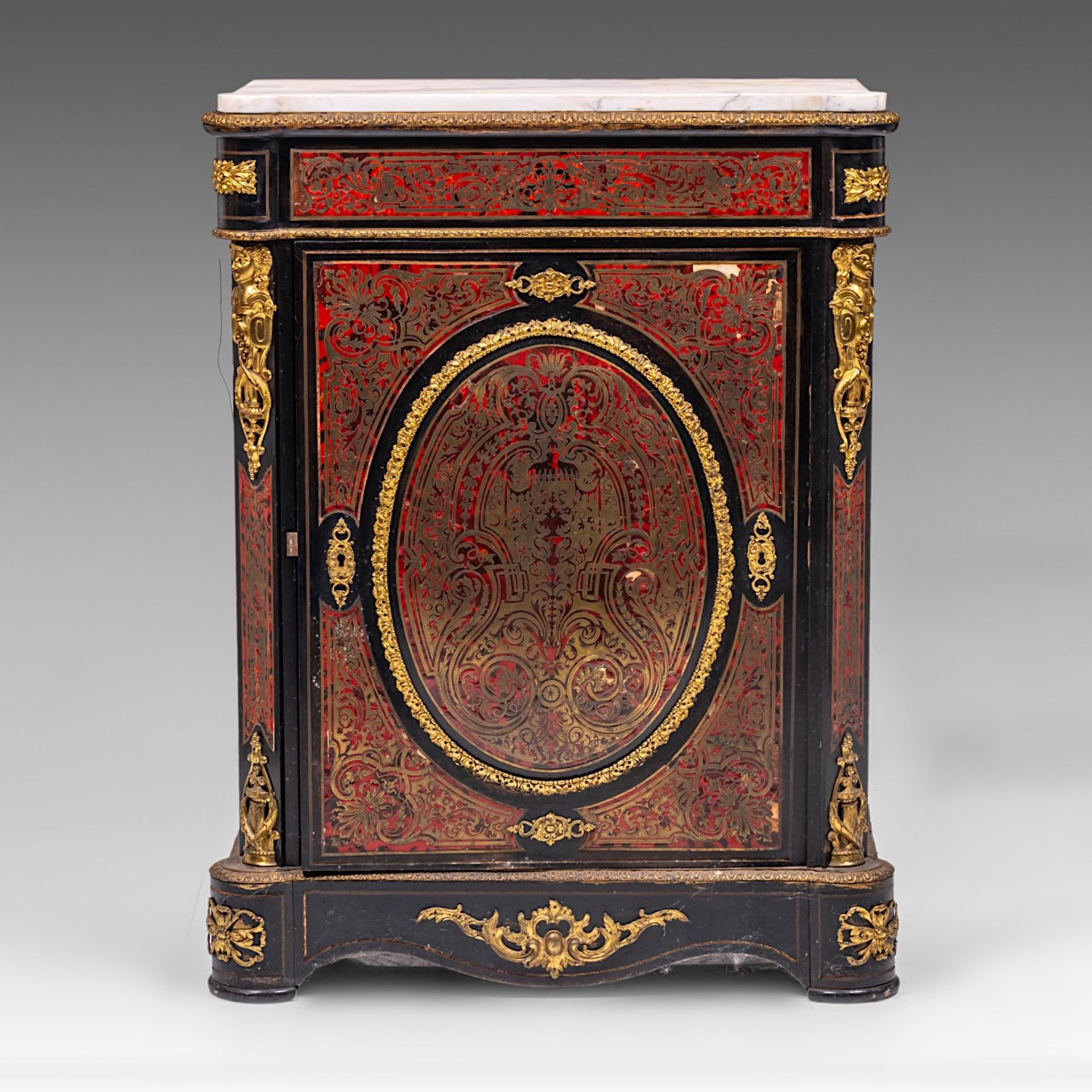 A Napoleon III 'meuble d'appui' with Boulle work, gilt bronze mounts and Carrara marble top, late 19 - Image 2 of 16