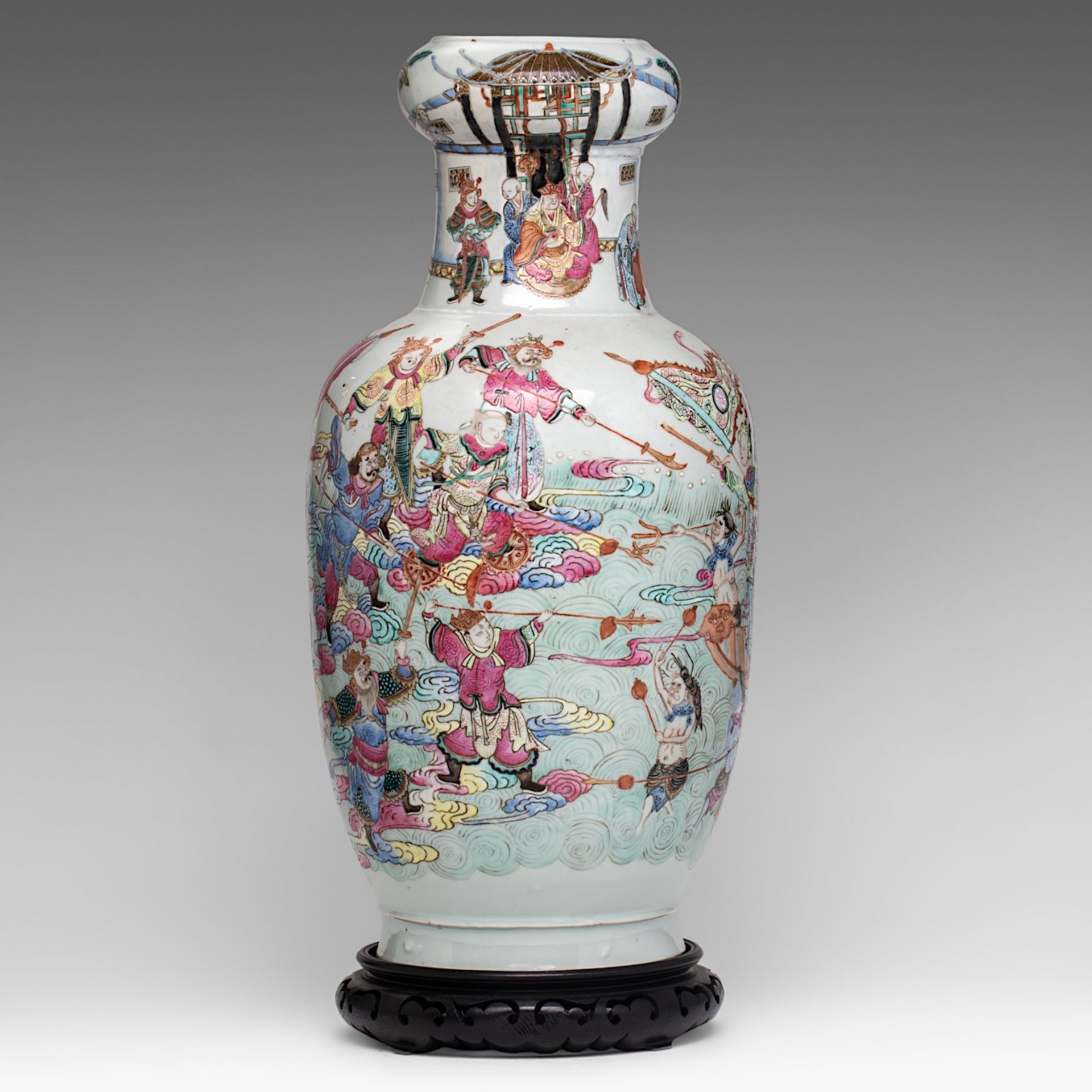 A Chinese famille rose 'Immortal battle scene' vase, 19thC, H 50 cm