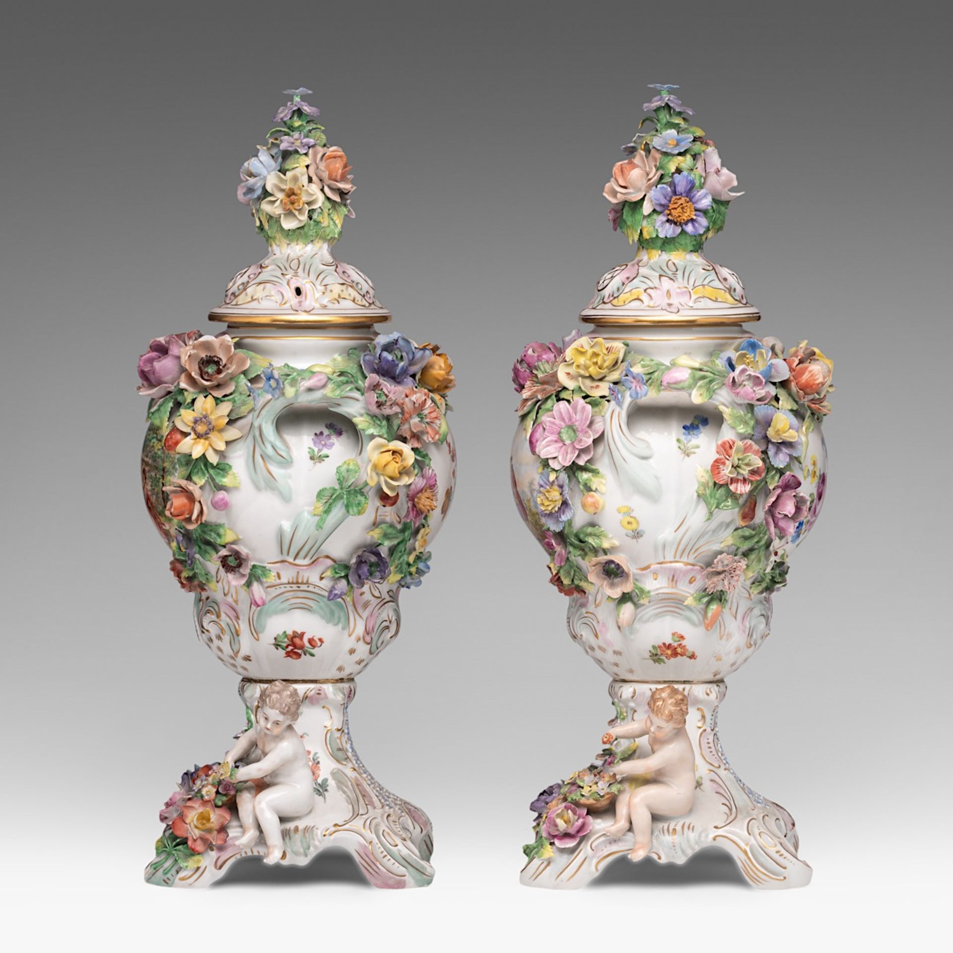 A pair of Saxony flower vases with hand-painted roundels of gallant couples, marked Dresden, H 47 cm - Bild 2 aus 10