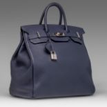 HERMES, Le Haut a Courroies 40 Bag, Bleu Nuit Veau Togo, with silver metal hardware