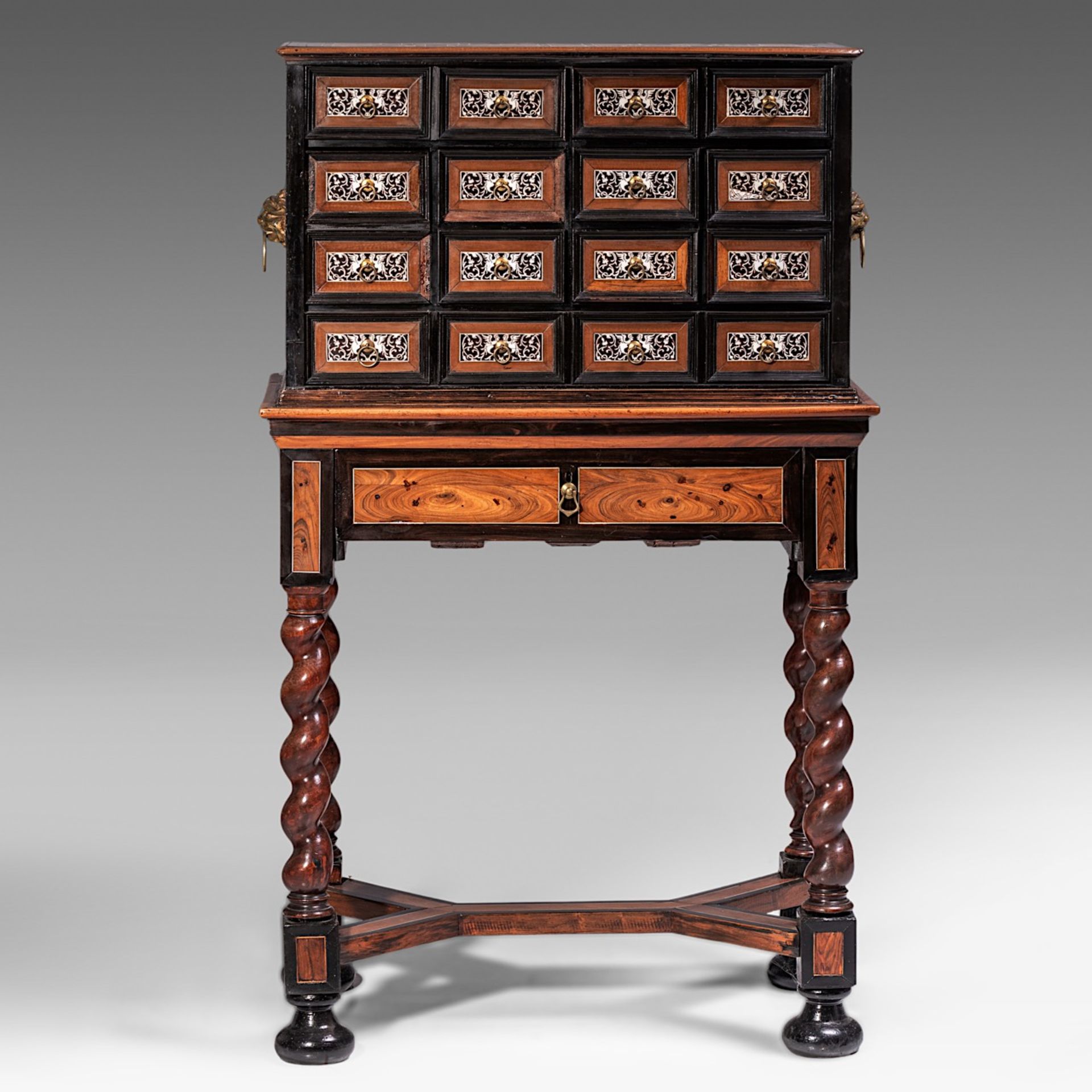 A cabinet-on-stand, ebony and rosewood veneered, the drawers decorated with ivory inlaid grotesques, - Image 2 of 7