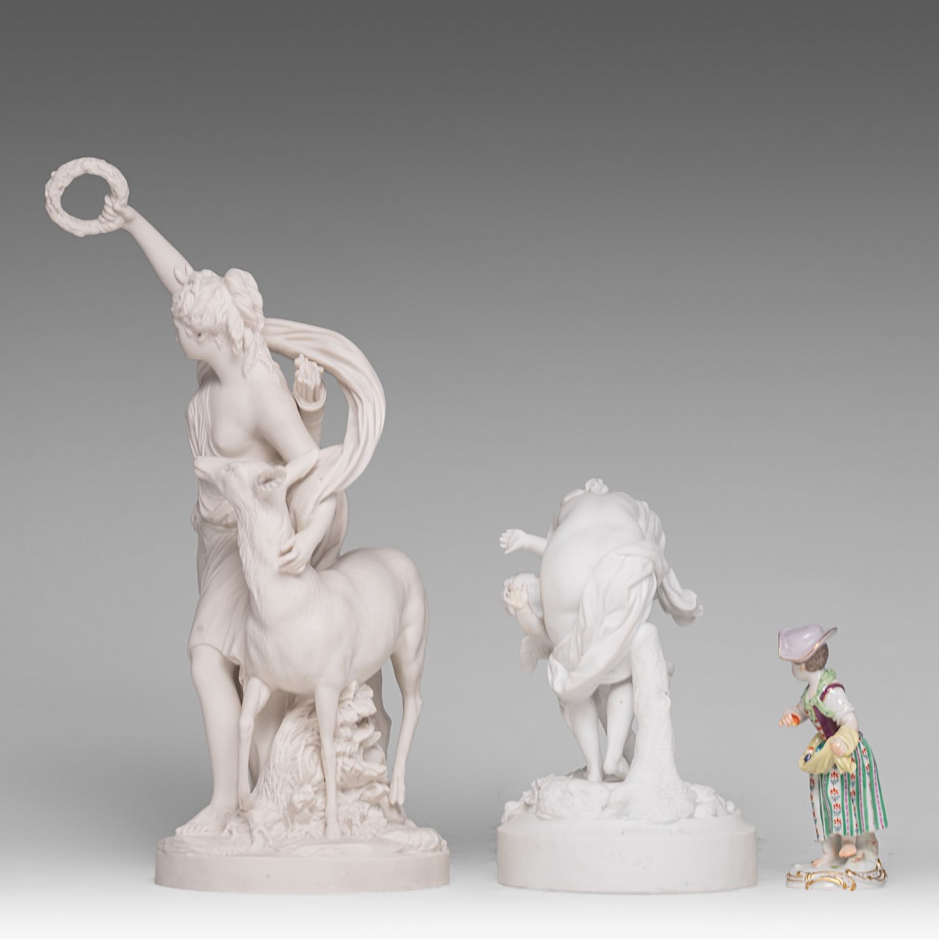 A collection of two biscuit groups and a Meissen polychrome porcelain figurine, H 13,5 - 37,5 cm - Image 2 of 7