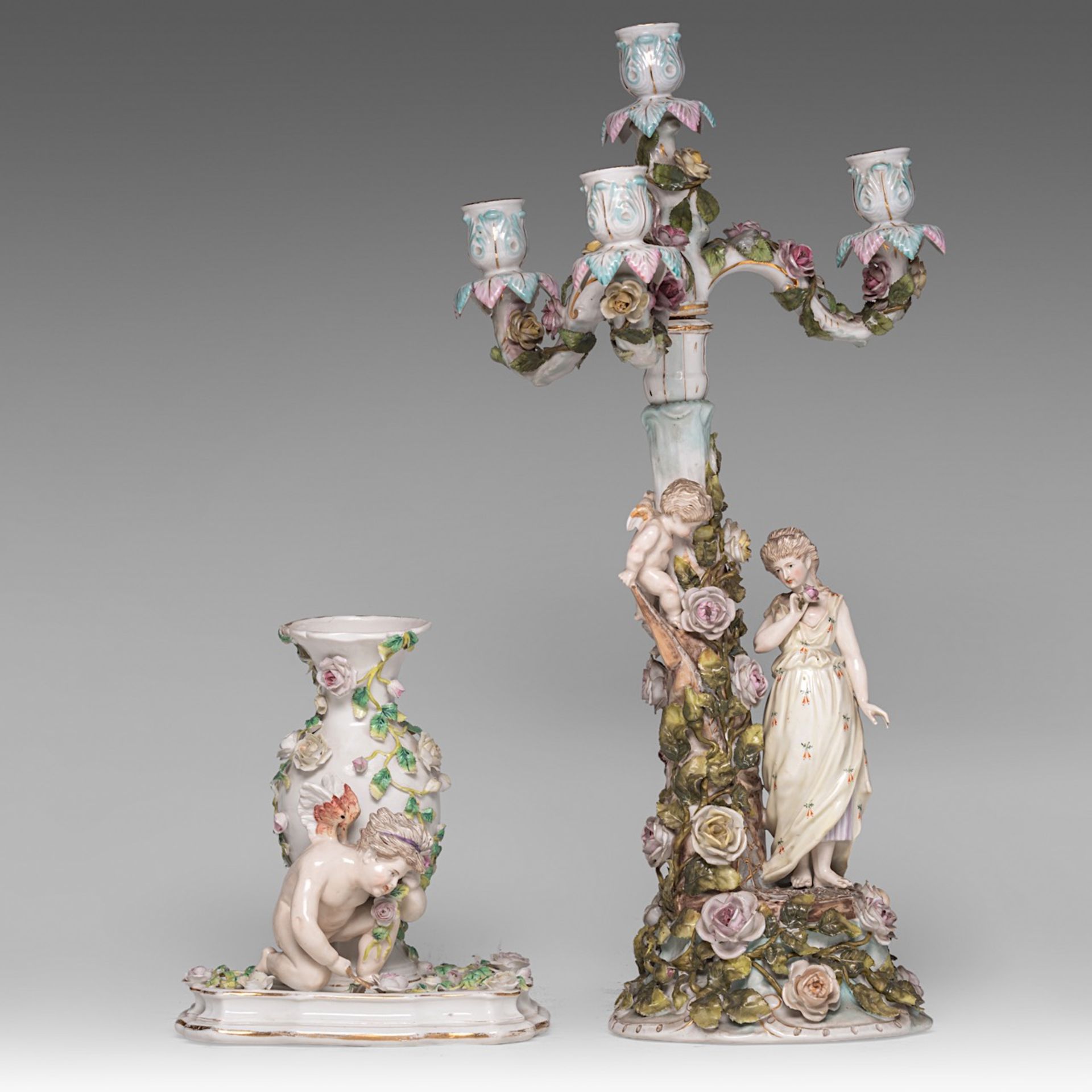 A collection of polychrome decorated Saxon porcelain figurines and a candelabra, H 51,5 cm (tallest) - Image 2 of 13