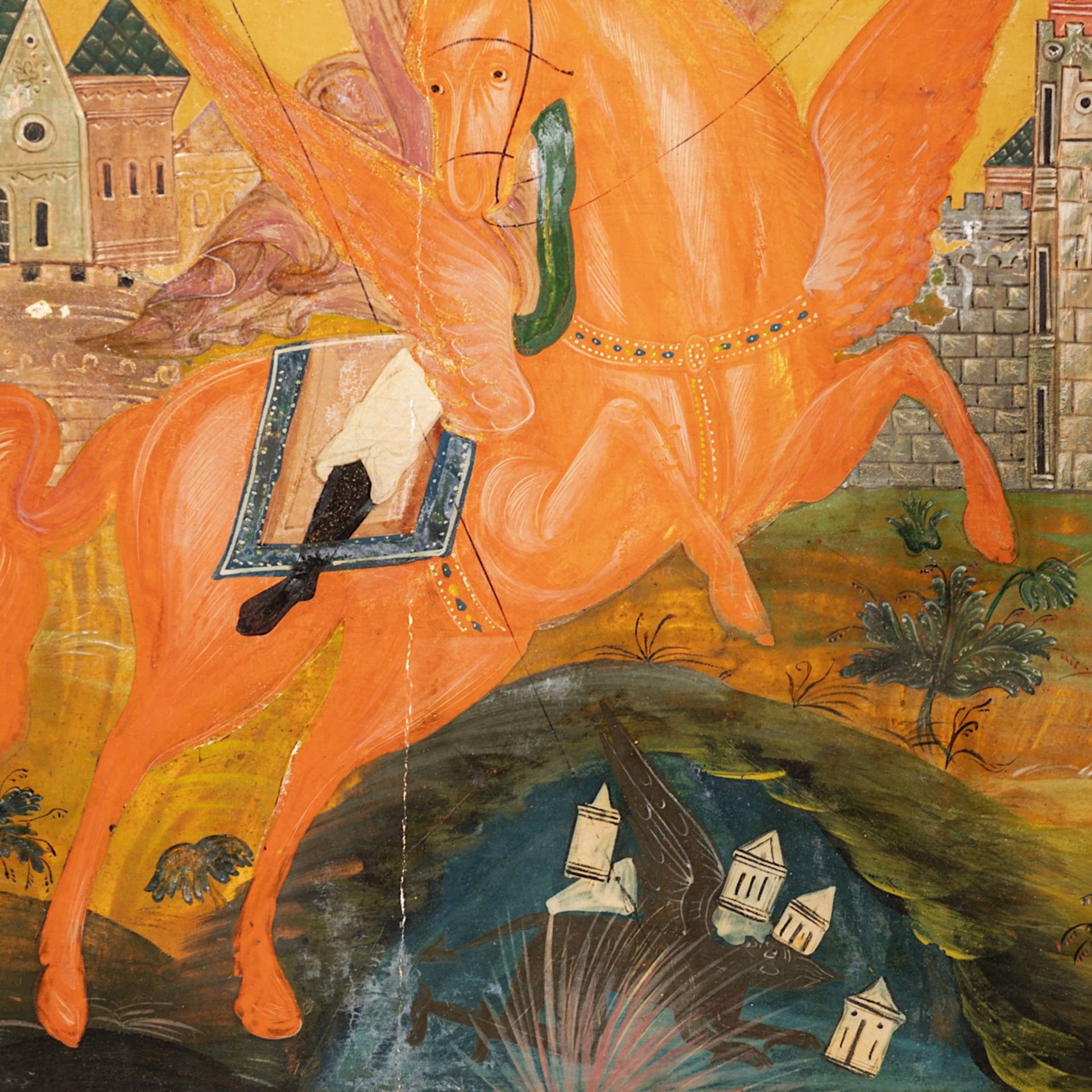 Russian Icon, Archangel Michael slaying the dragon, tempera on wood, 19thC, 53 x 46 cm - Bild 4 aus 4