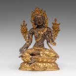 A Sino-Tibetan gilt bronze figure of Green Tara, semi-precious stone inlays, 18thC/19thC, H 17 cm -