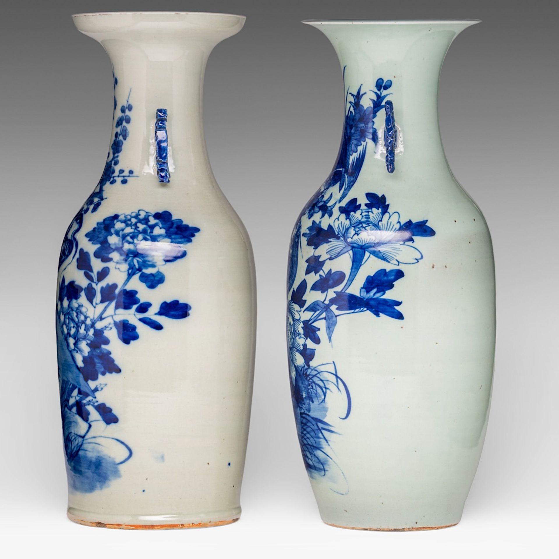 Four Chinese blue and white on celadon ground 'Flowers and birds' vases, late 19thC, H 57 - 58 cm - Image 7 of 13