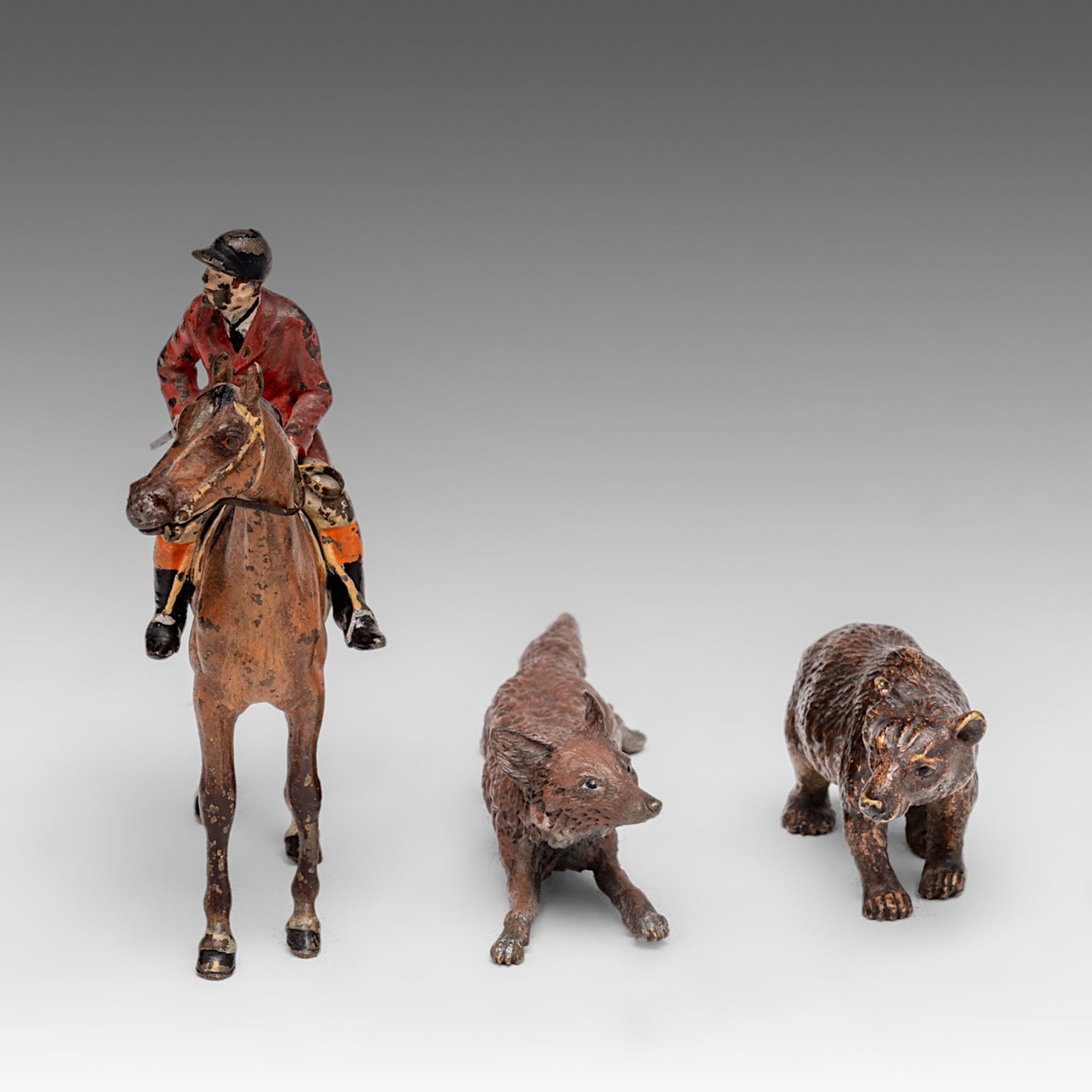 A collection of three Vienna cold-painted figures of a fox, a bear and a jockey, H 3,5 - 10,5 - W 8 - Image 3 of 5