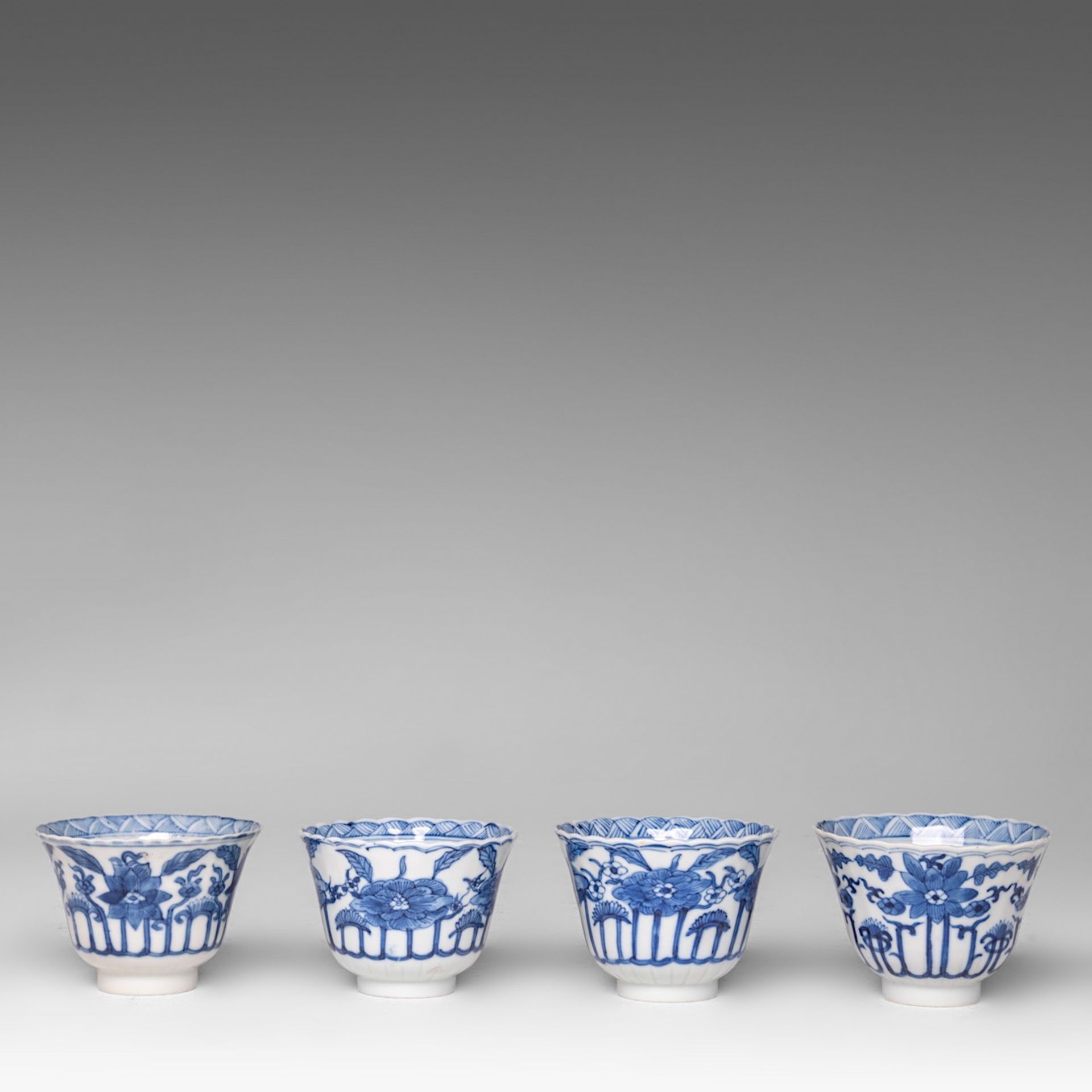 Six matching sets of Chinese blue and white floral decorated tea cups and saucers, Kangxi period, di - Image 2 of 17