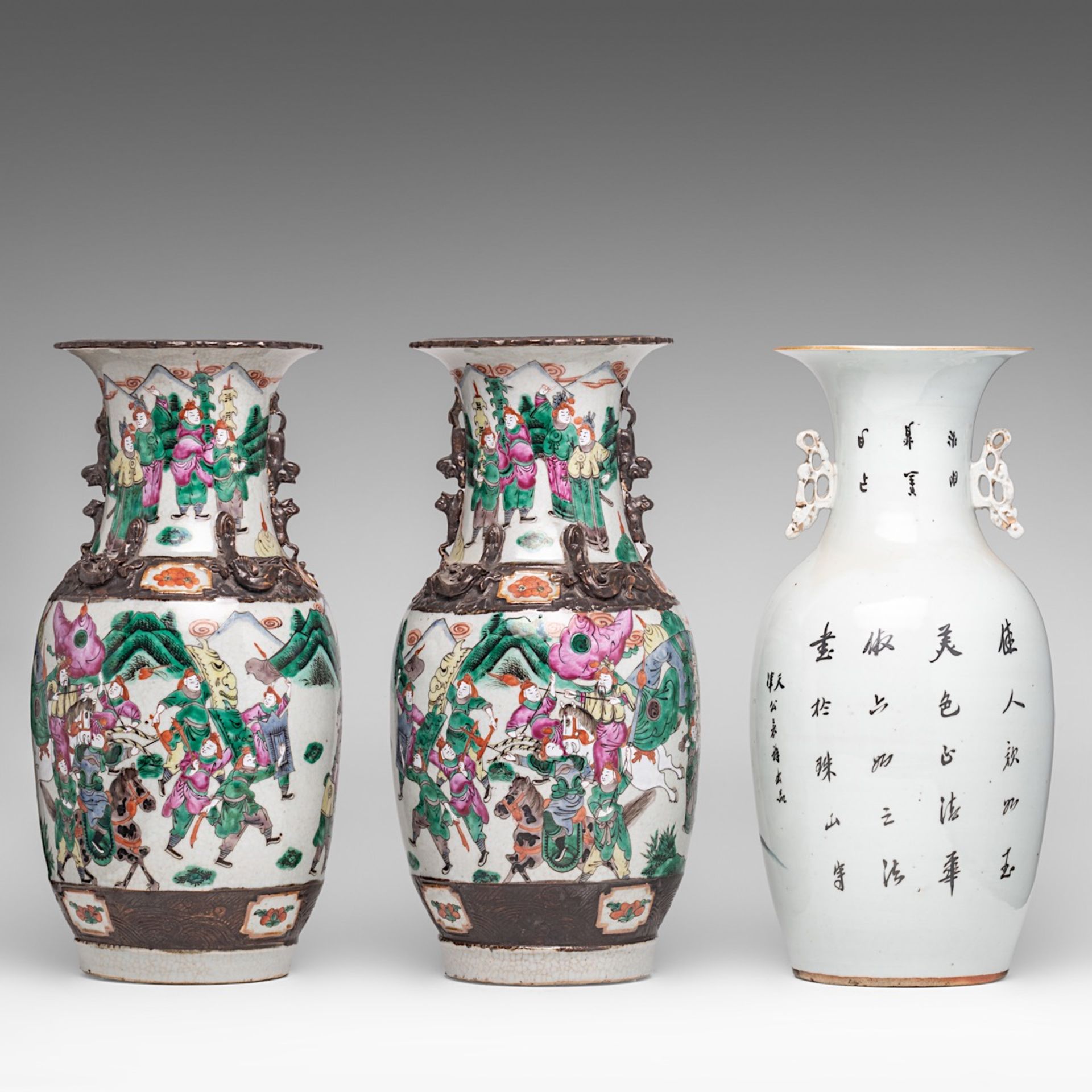 A pair of Chinese famille rose Nanking stoneware vases, 19thC, H 43,5 cm - and a famille rose 'Beaut - Bild 3 aus 7