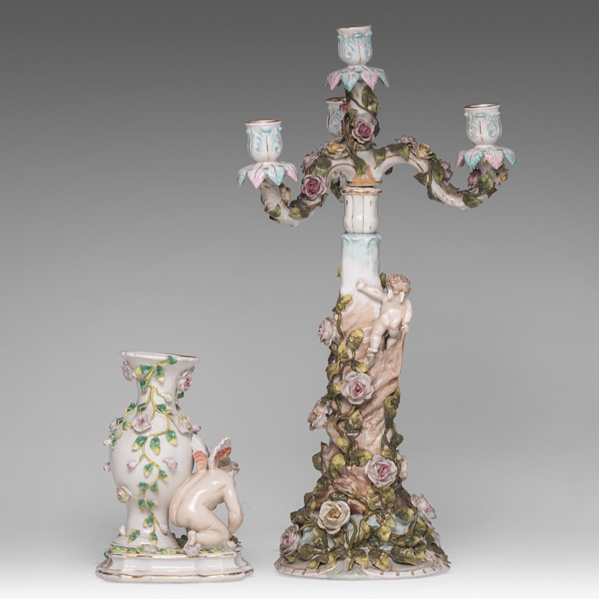 A collection of polychrome decorated Saxon porcelain figurines and a candelabra, H 51,5 cm (tallest) - Bild 5 aus 13