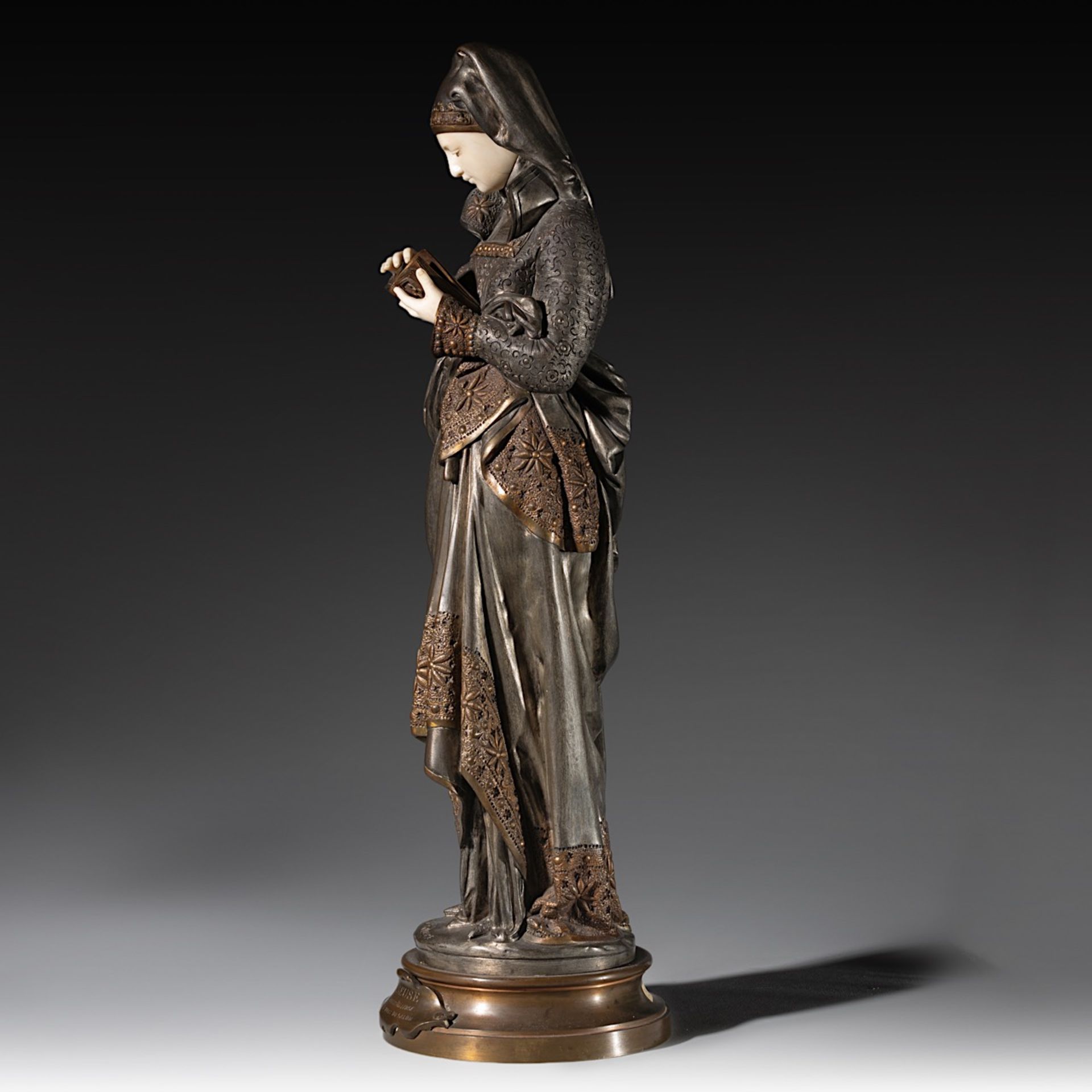 Carrier Belleuse Albert-Ernest (1824-1887), 'Liseuse', bronze and ivory, H 60 cm (+) - Image 3 of 9