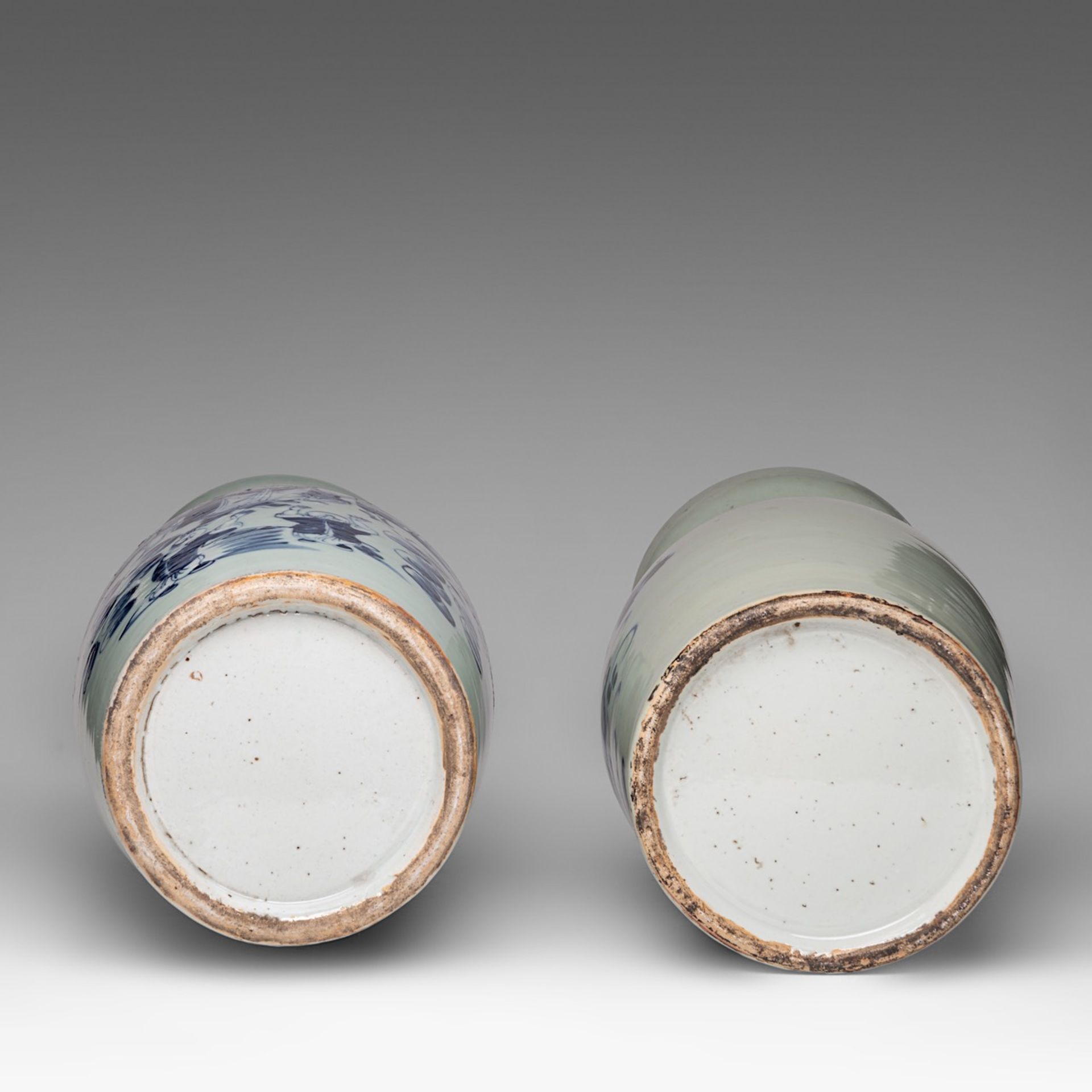 Four Chinese blue and white on celadon ground vases, including one decorated with figures, 19thC, H - Image 7 of 13