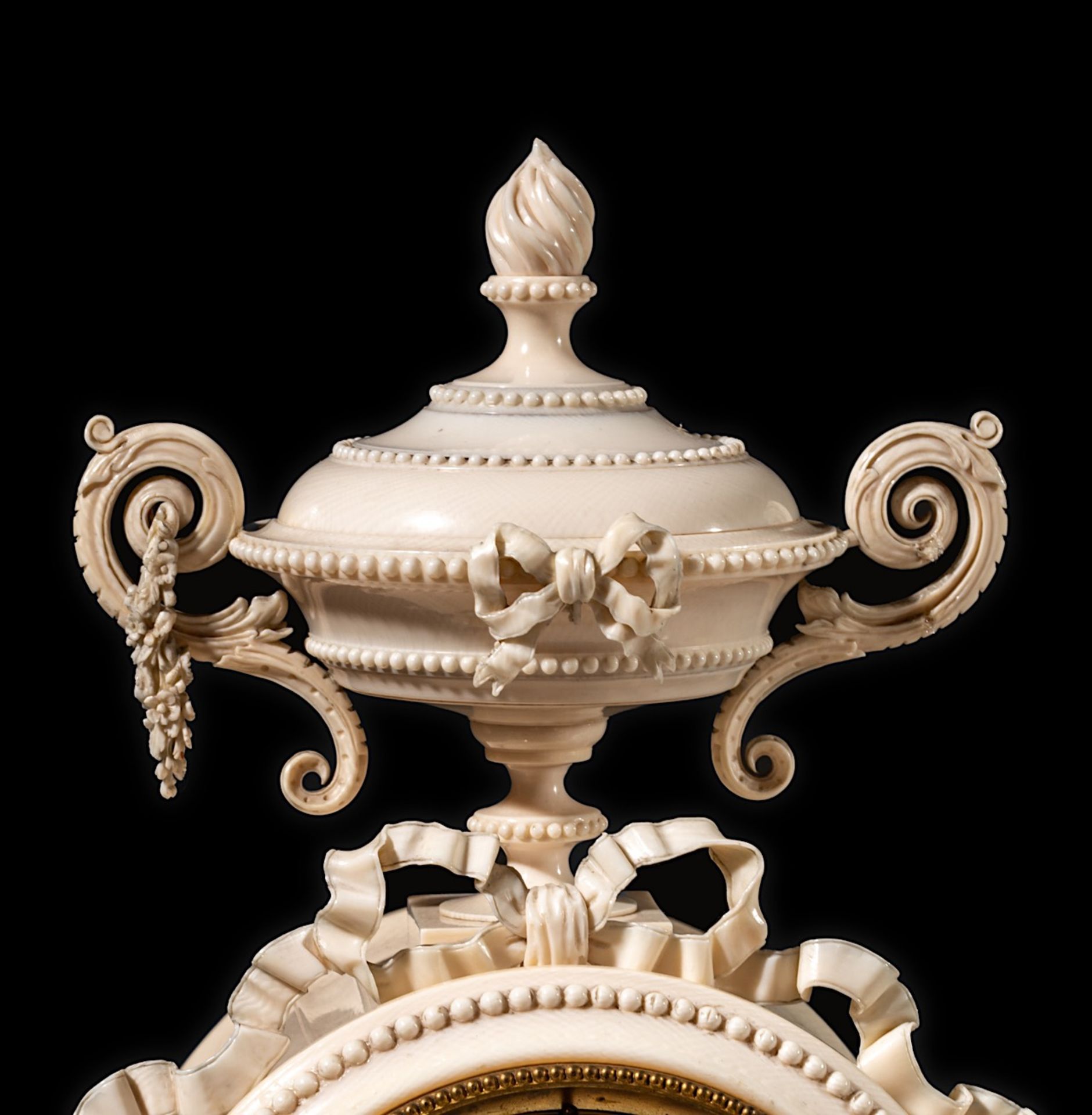 A delicately shaped and sculpted unique Nap. III period neoclassical ivory mantle clock, H 50 - W 37 - Image 9 of 14
