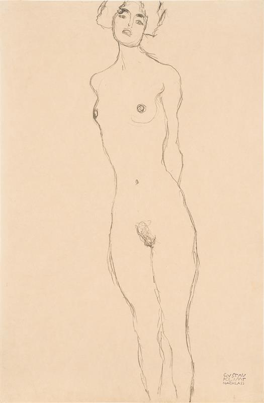 Gustav Klimt: Standing female nude from the front, hands behind her back